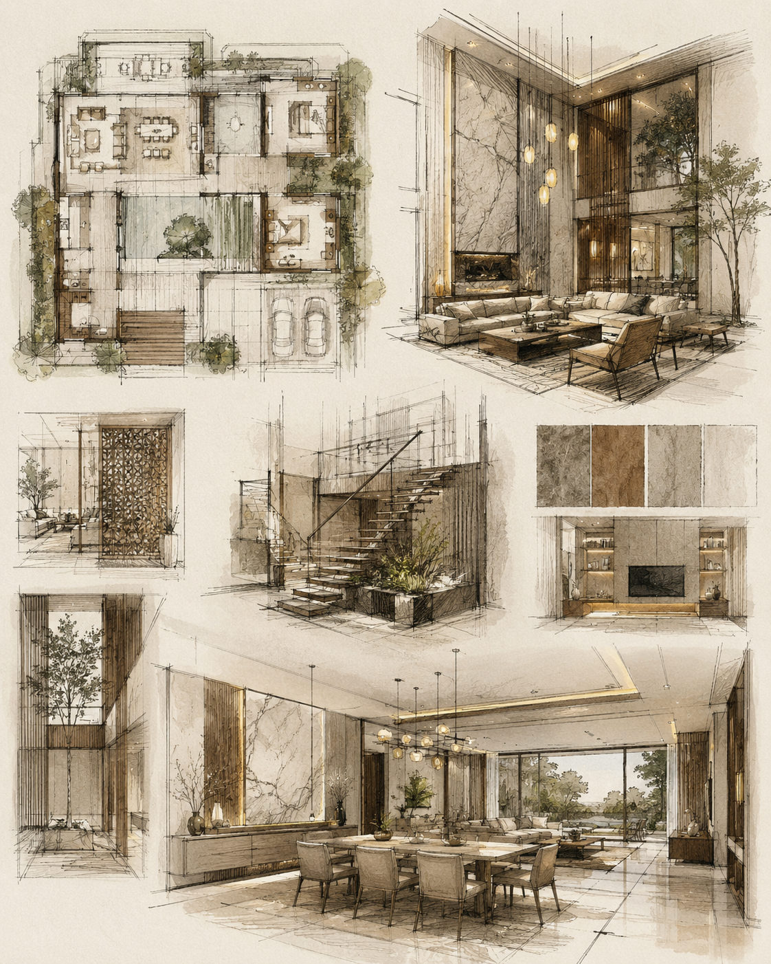 Concept sketches and floor plan by Nanda Realtors' turnkey team